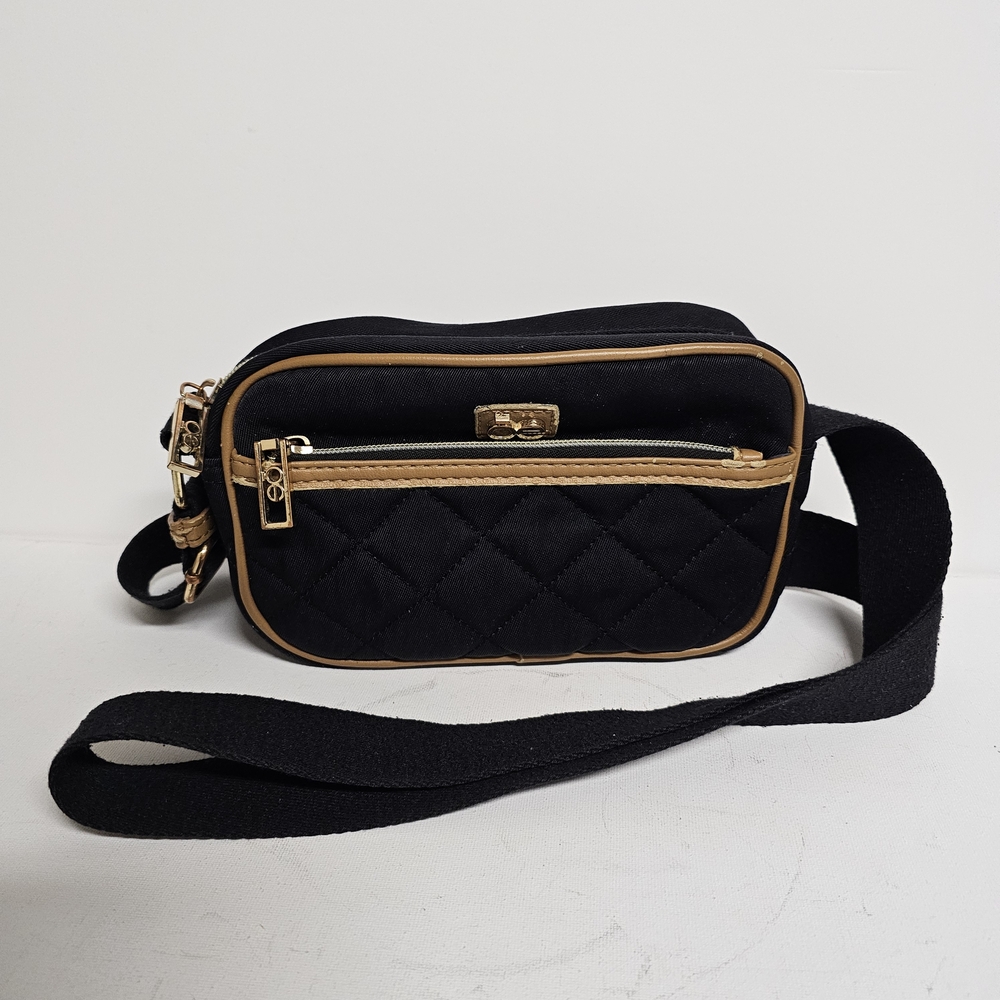 🎒 CLOE Black Quilted Crossbody Bag with Gold Accents & Tan Trim